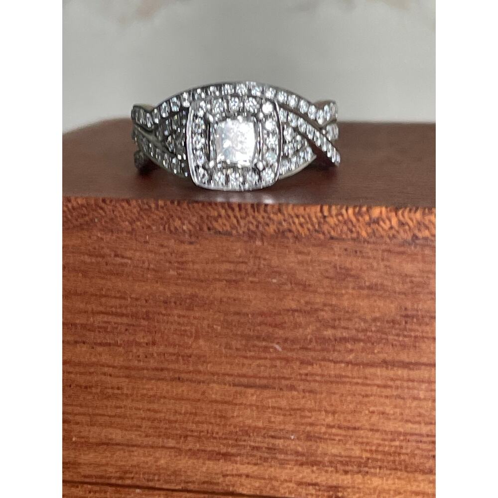 14 karat white gold, diamond halo engagement wedding ring set .61 center - Picture 9 of 16